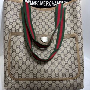 Gucci Beige GG Canvas Tote with Green and Red Web Straps
